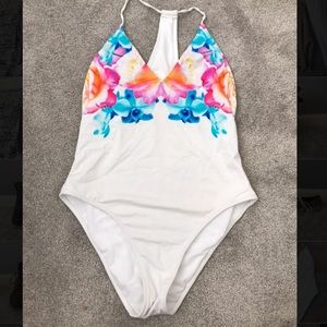 White and rainbow floral one piece swimsuit